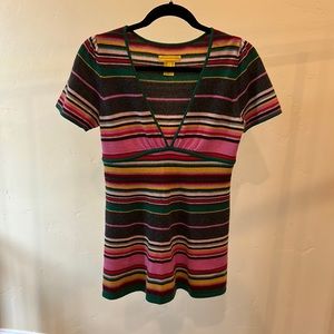 100% Cashmere multi striped shirt sleeve top, grey, pink, yellow & green.